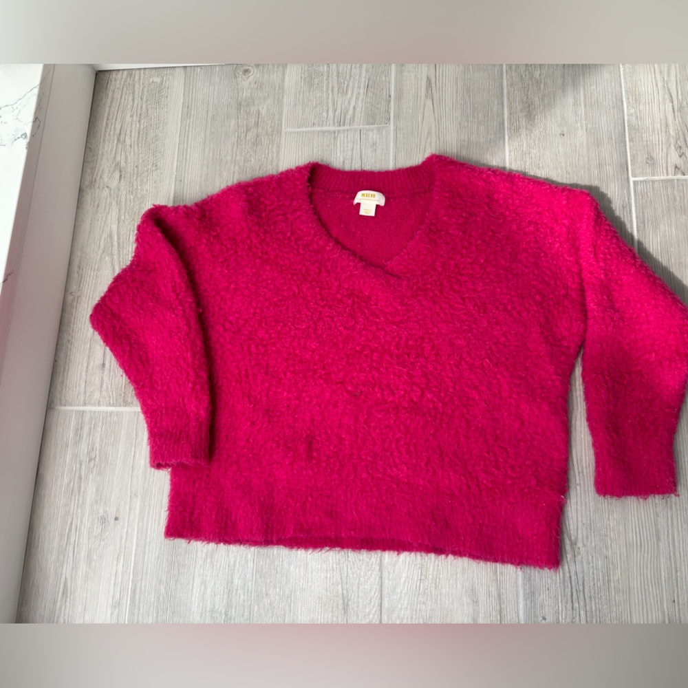 Anthropologie MAEVE Fuchsia Pink V-Neck Sweater Vibrant Knit Pullover